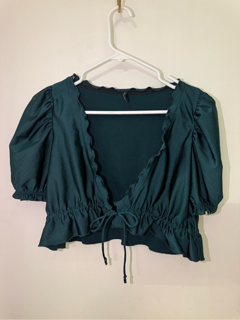 Deep Green Ruffle-Trim Tie-Front Crop Top